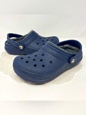 Crocs Dual Comfort Dark Blue Faux Fur Lined Unisex Slip On Clogs Shoes Child 13
